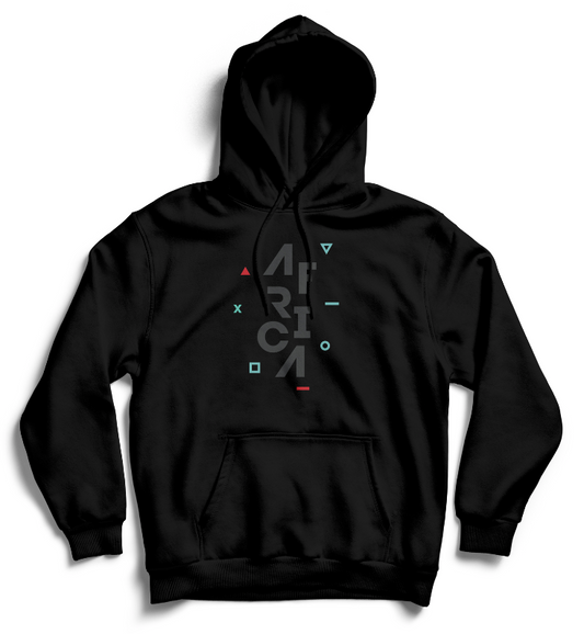 Black hoodie that says "Africa" in dark gray text. There are turquoise and red shapes around it.