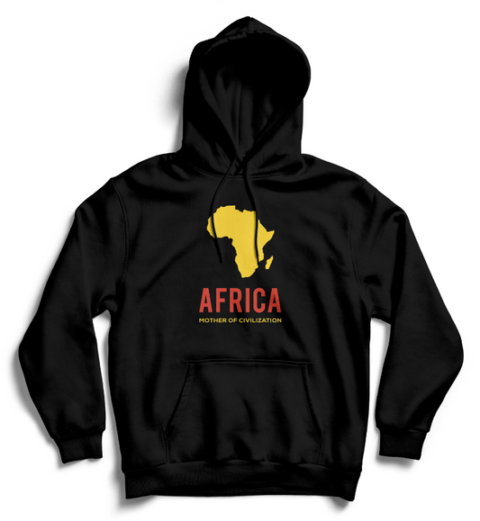 Black hoodie with yellow Africa shape and "Africa Mother of Civilization" written under in yellow and red text.