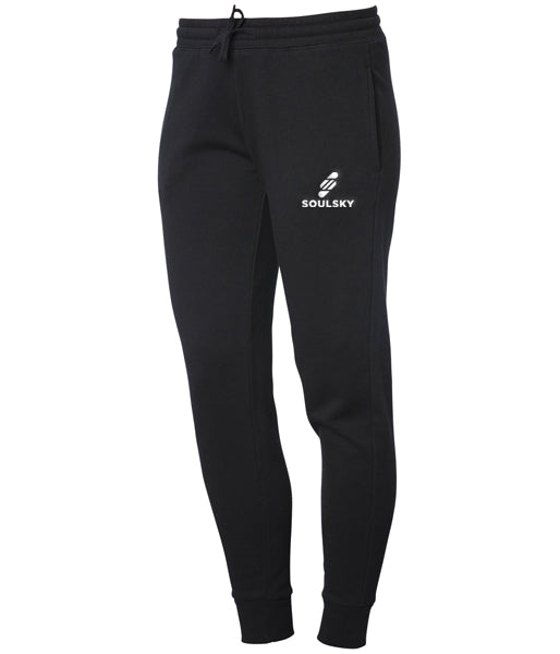 Black women's joggers with white embroidered logo on left thigh that says "SOULSKY".