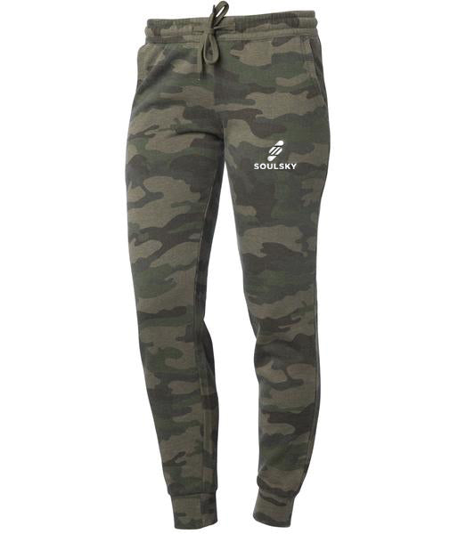 Camouflage women's joggers with white embroidered logo on left thigh that says "SOULSKY".