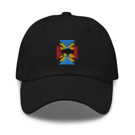 Black dad hat with an embroidered bull in the middle and red, blue, and yellow shapes around it.