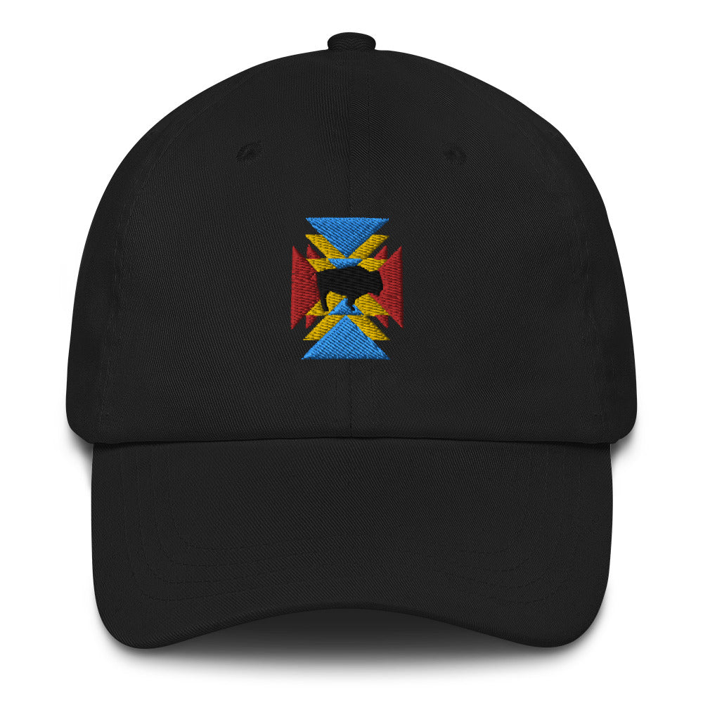 Black dad hat with an embroidered bull in the middle and red, blue, and yellow shapes around it. Pic 2.