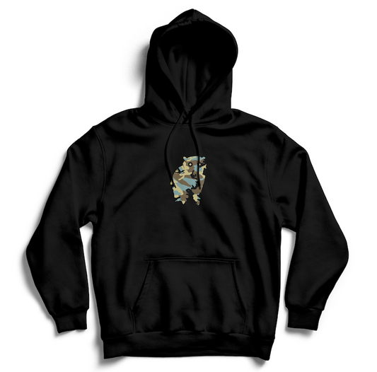 ADAPT Hoodie - SOULSKY. Black hoodie with a camouflage owl on it.