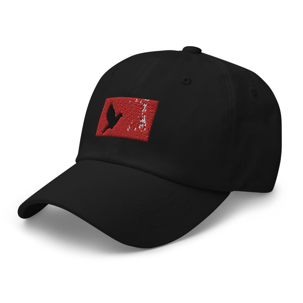 Black dad hat with an embroidered red rectangle and a black pigeon flying on it. Hat faceing it's left.