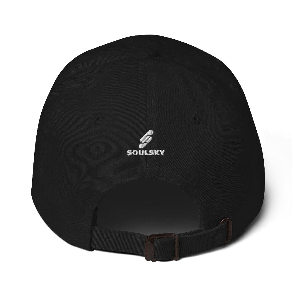 Back of black dad hat with an embroidered white logo that says "SOULSKY"