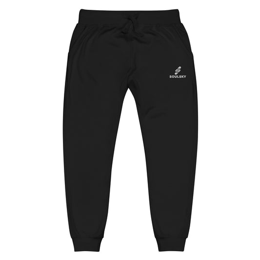Black unisex joggers with white embroidered logo on left thigh that says "SOULSKY".