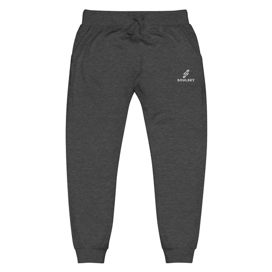 Charcoal gray heather unisex joggers with white embroidered logo on left thigh that says "SOULSKY".
