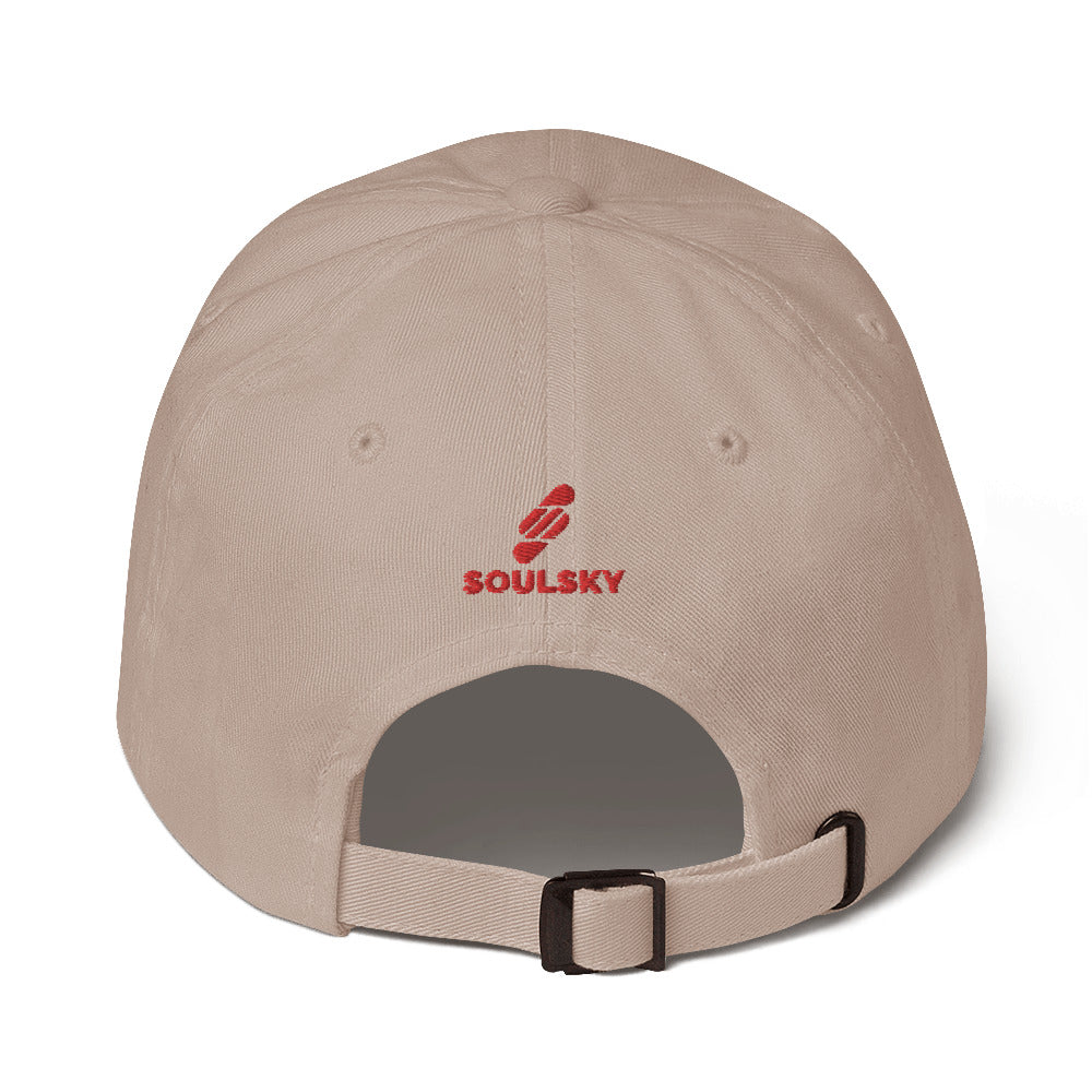 Back of beige dad hat. It has an embroidered logo that says "SOULSKY" on it. Close up pic.