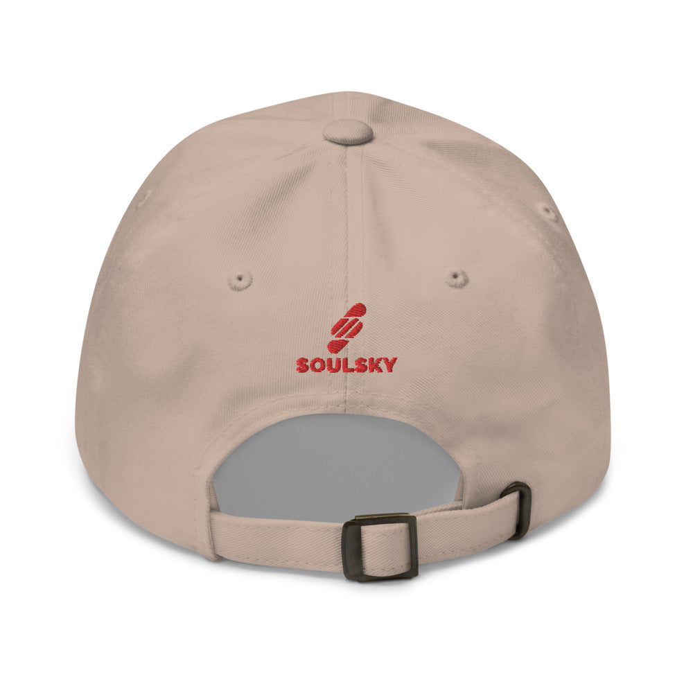 Back of beige dad hat. It has an embroidered logo that says "SOULSKY" on it.