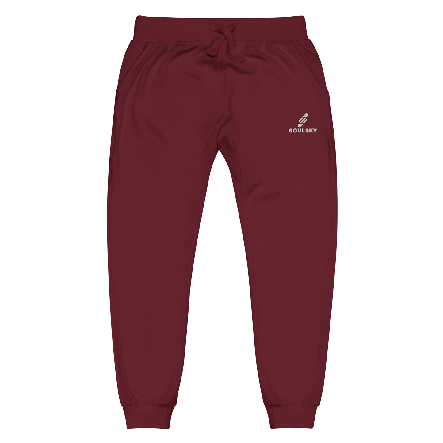Maroon unisex joggers with white embroidered logo on left thigh that says "SOULSKY".