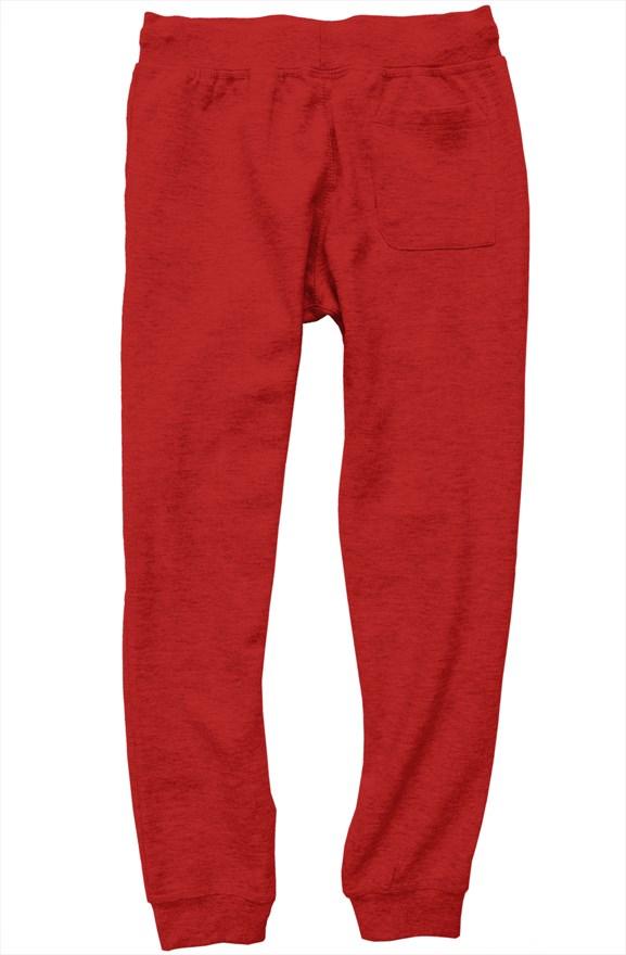 Back of red joggers with left backside pocket.