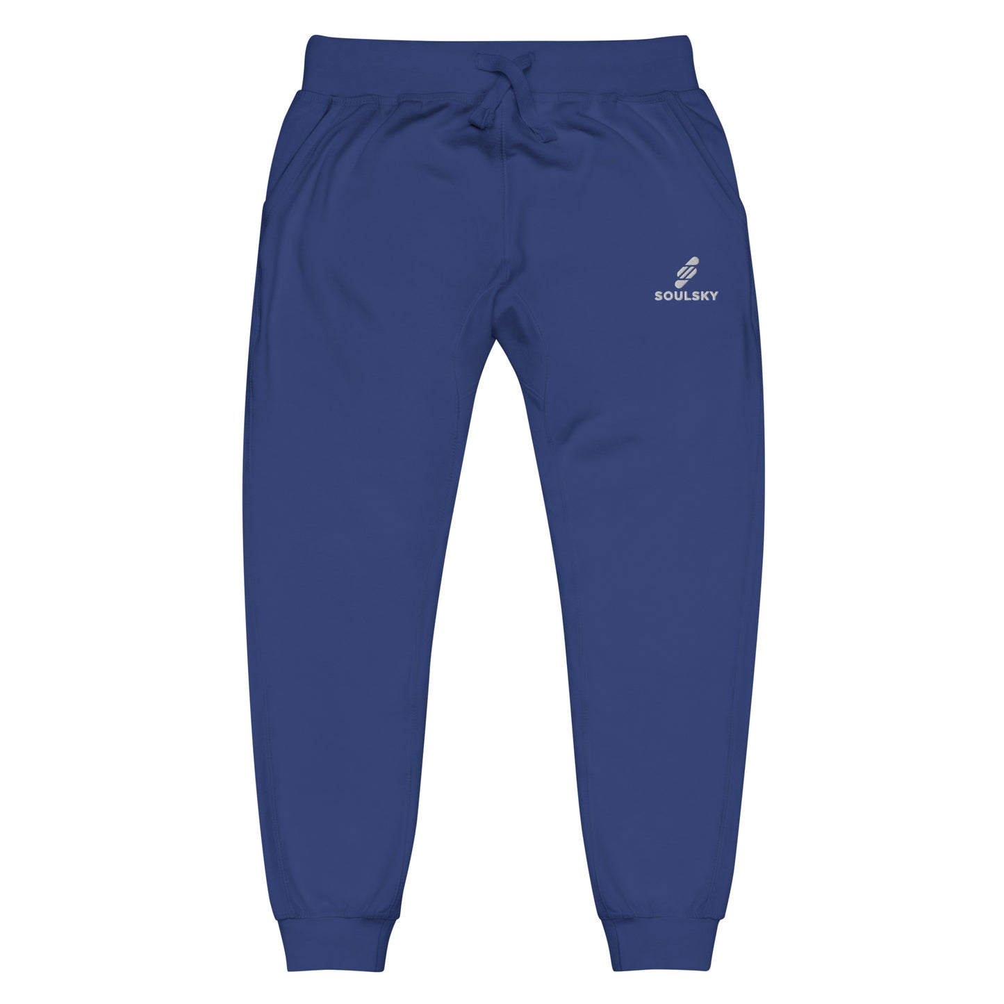 Royal blue unisex joggers with white embroidered logo on left thigh that says "SOULSKY".