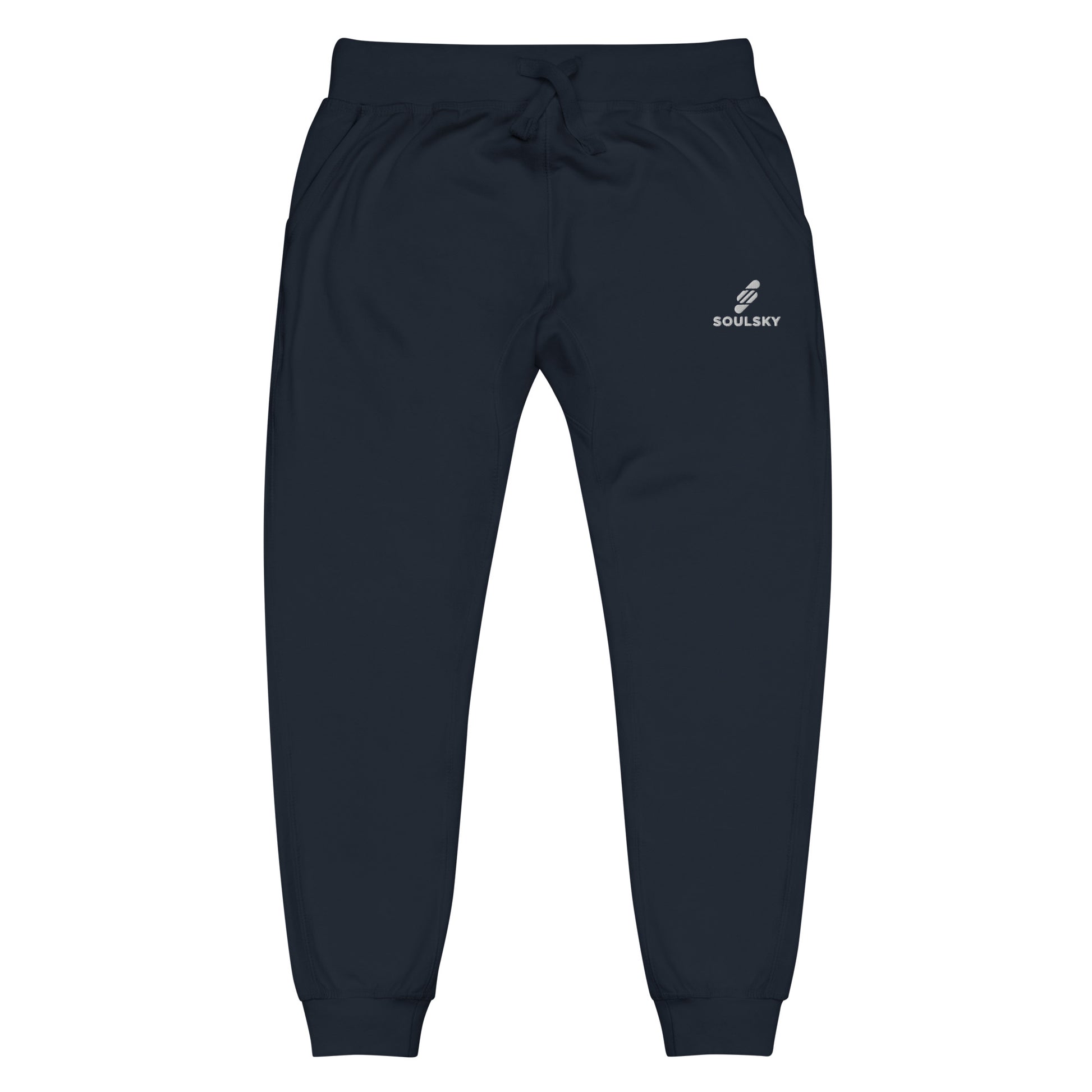 Navy blue unisex joggers with white embroidered logo on left thigh that says "SOULSKY".
