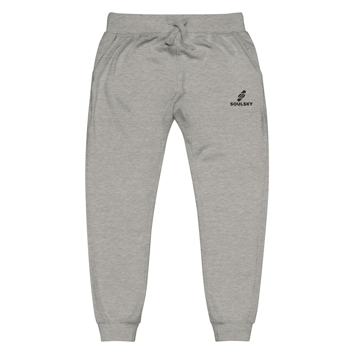 Close up of light gray unisex joggers with black embroidered logo on left thigh that says "SOULSKY".