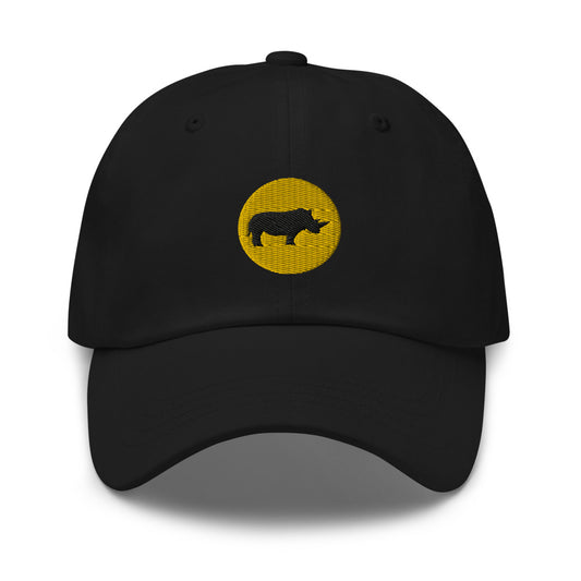 Black dad hat with an embroidered yellow circle and a black rhino in the middle.