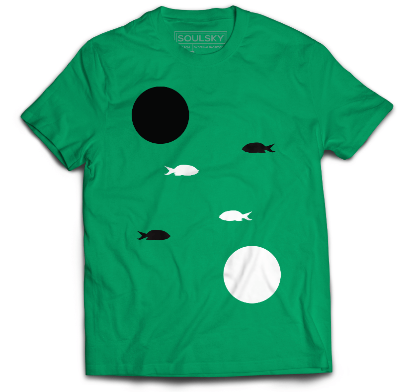 Kelly green t-shirt with 2 white fish, 2 black fish,  and one white circle and one black circle.