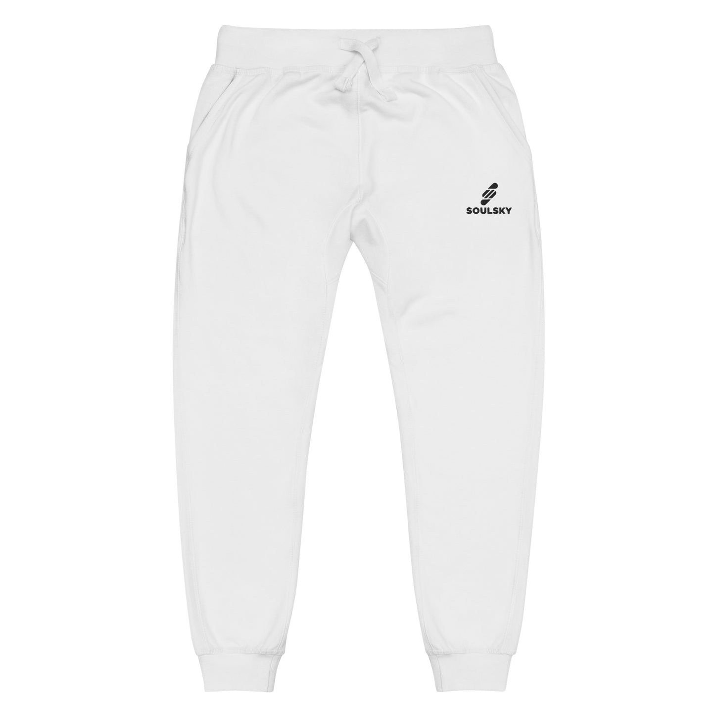White unisex joggers with black embroidered logo on left thigh that says "SOULSKY".