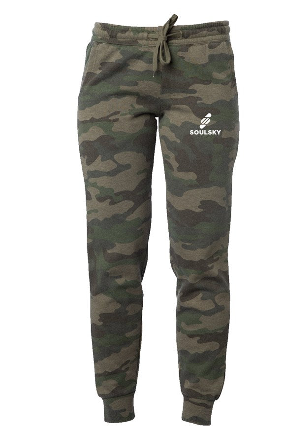 Camouflage women's joggers with white embroidered logo on left thigh that says "SOULSKY".