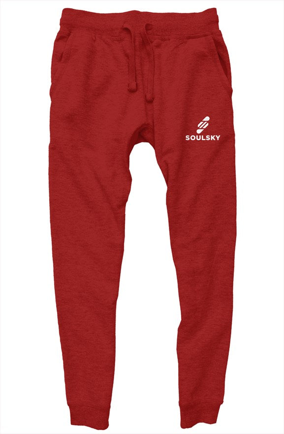 Red joggers with white embroidered 'SOULSKY' logo on left pocket side. 