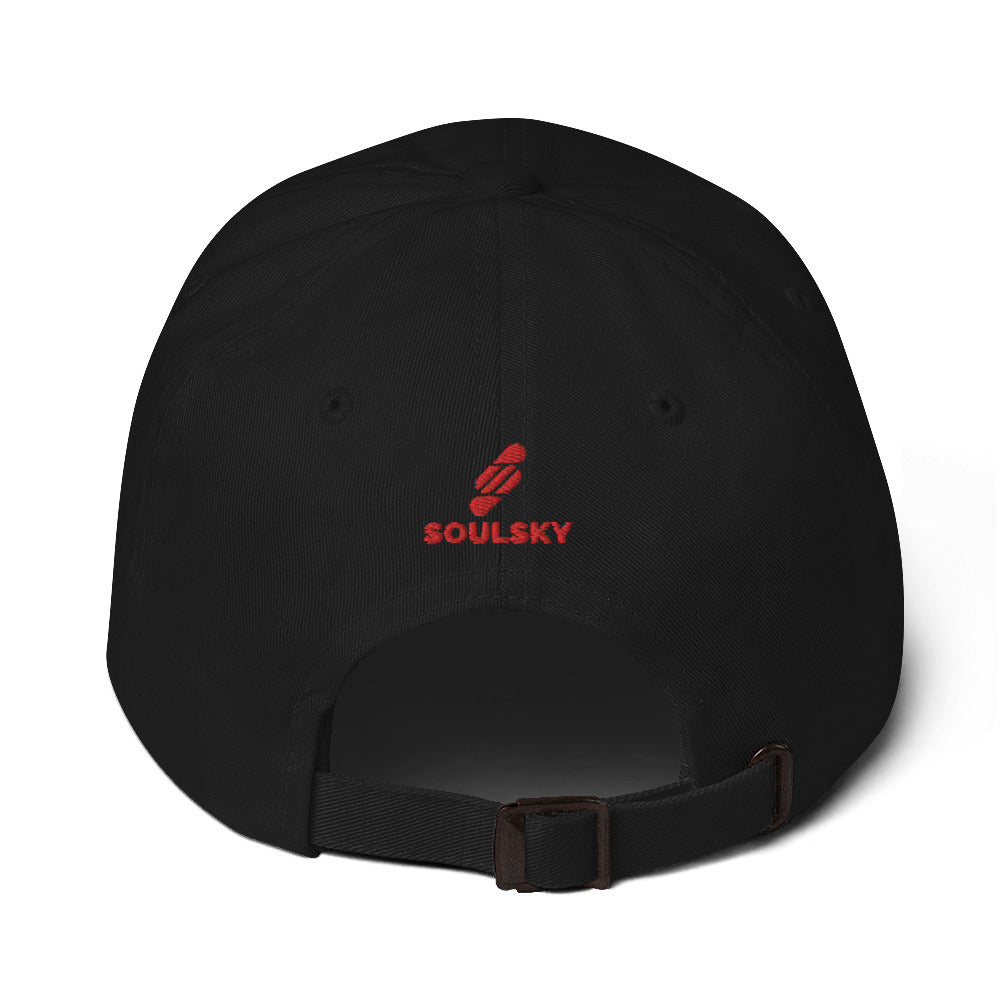 Back of black hat with a red embroidered logo that says "SOULSKY". Close up pic.
