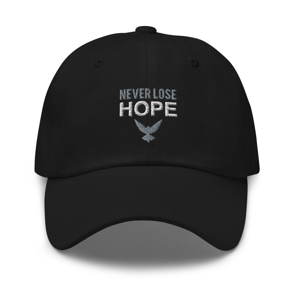 Black dad hat that has embroidered gray and white text that says "NEVER LOSE HOPE", with a gray eagle underneath.