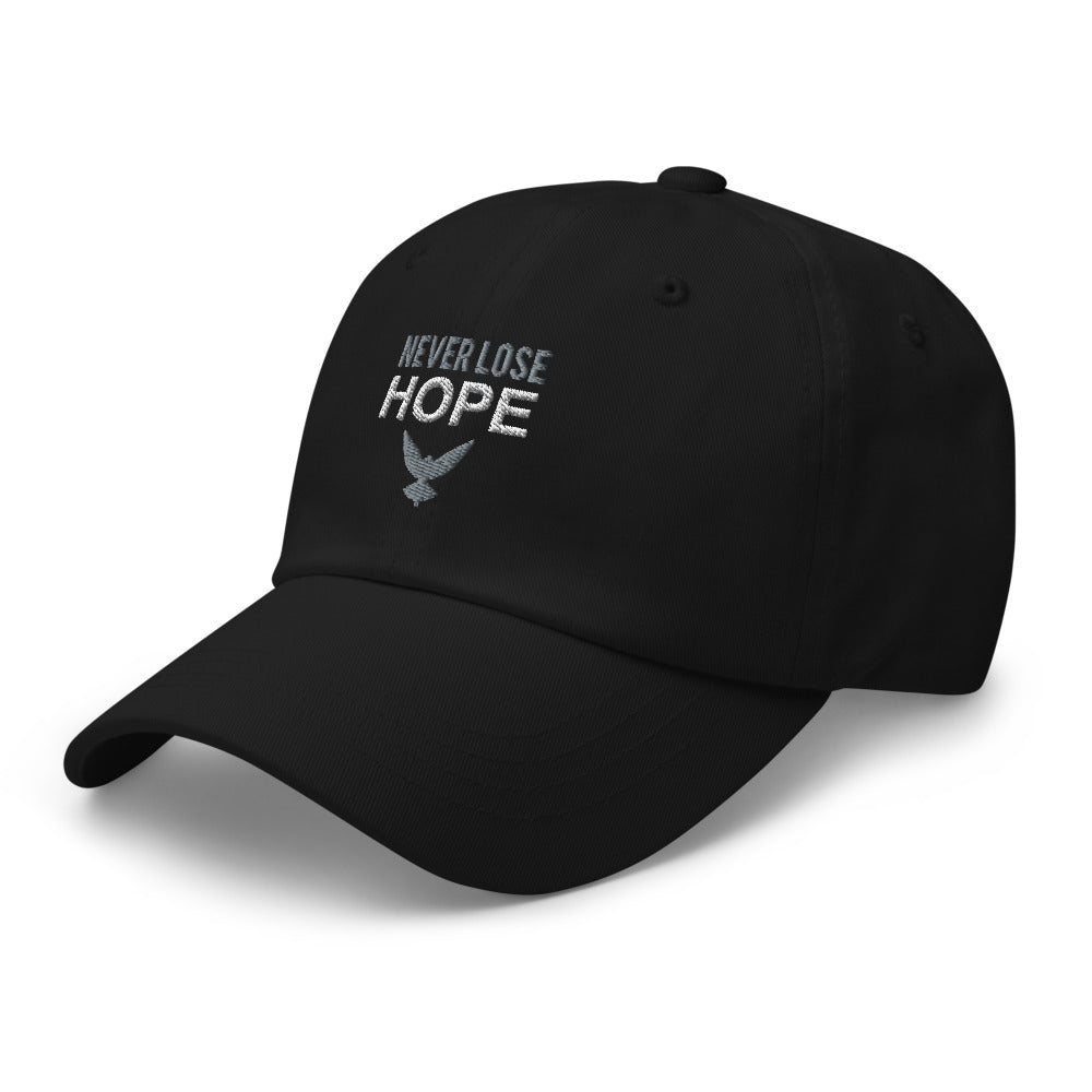 Black dad hat that has embroidered gray and white text that says "NEVER LOSE HOPE" with a gray eagle underneath. Hat is facing to it's right.
